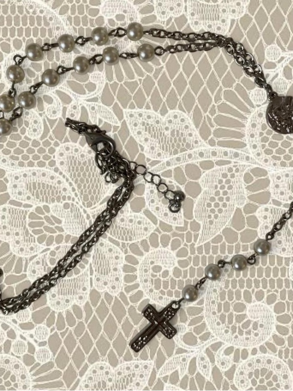 Delicate Gray Pearl Rosary Cross Necklace - Women Jewelry
